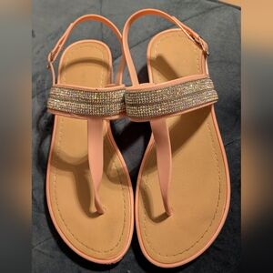 Such Pretty Pink Sandals with Rhinestone Detailing.